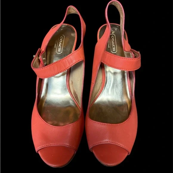 COACH Coral Leather Wooden Platform Wedge Heels Women’s Shoes Size 9.5 B - Picture 2 of 10